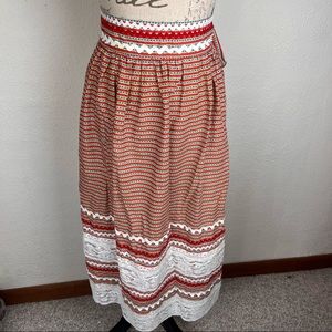 Handmade long red calico skirt/apron-pioneer days, costume, Cottagecore.